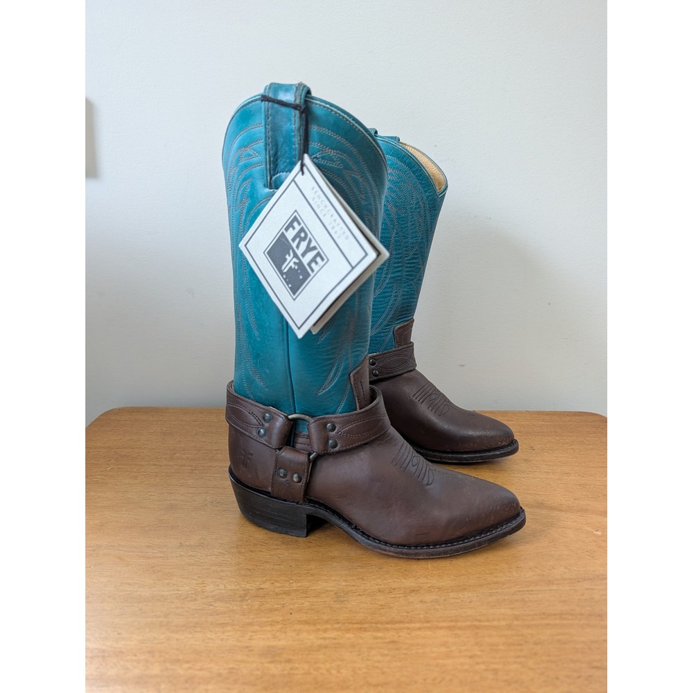 Frye Harness Western Boots Brown Teal Blue Leather Pointed Toe Womens 6